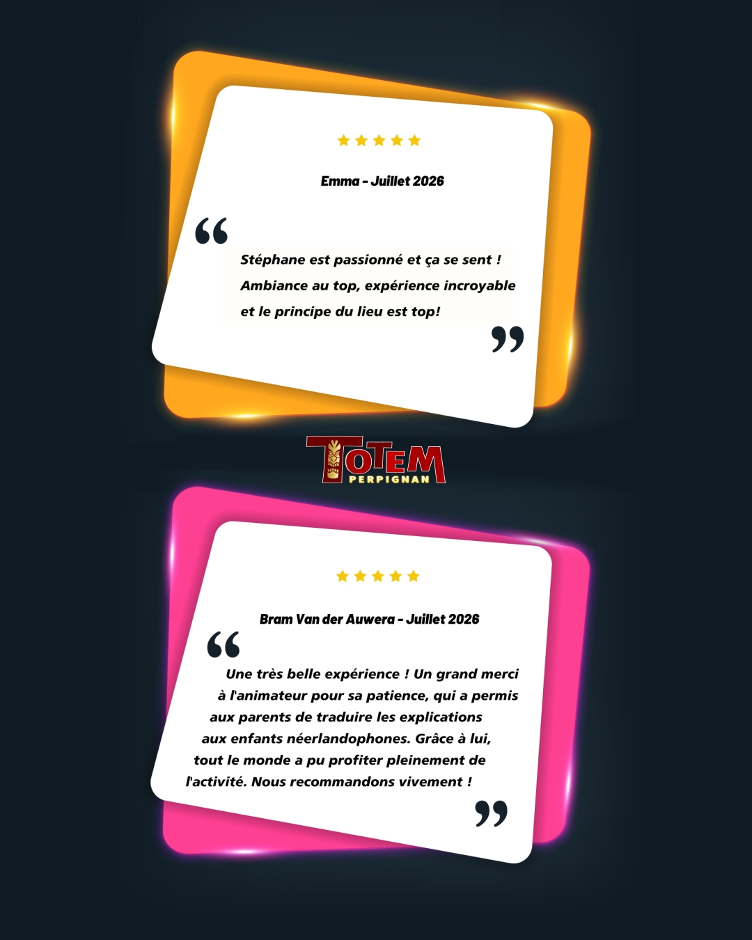 Vous êtes tout simplement EN FLAMMES ! 🔥🎯

Un immense MERCI à tous les joueurs, petits et grands, qui prennent quelques minutes pour nous laisser un avis sur Google après leur session chez Totem Perpignan ! 👇

⭐ Que ce soit pour saluer l’accueil, notre animateur, débriefer la session ou partager vos fous rires dans notre univers, lire vos retours nous donne une véritable énergie au quotidien.

Grâce à vos notes et vos gentils mots, vous faites grandir la communauté et vous aidez d'autres futurs joueurs à sauter le pas. 💛

📍 Lieu : Totem Perpignan

#TotemPerpignan #Perpignan #SortirAPerpignan #PyreneesOrientales #JeuxEnEquipe
